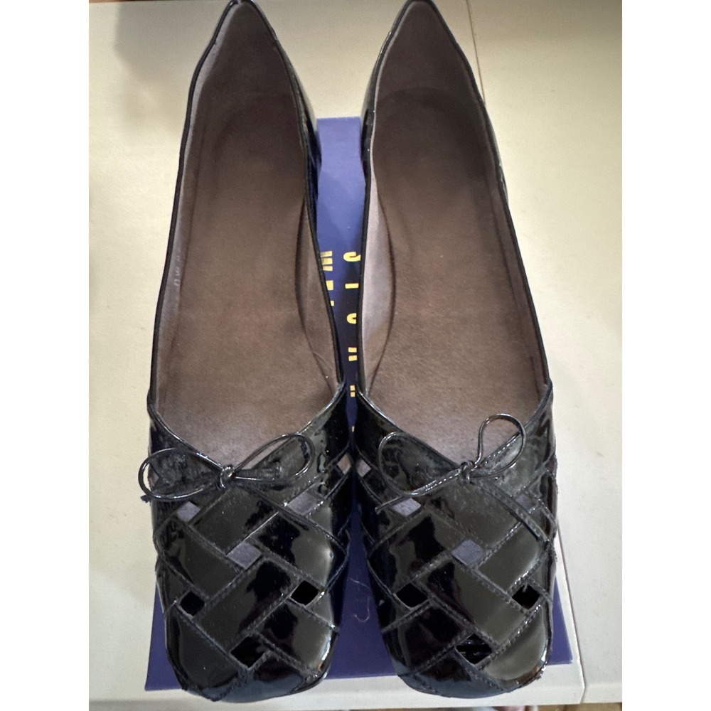 Stuart Weitzman Collie Black Soft Patent Woven Bow Wedge Flats DW89548 Size 11